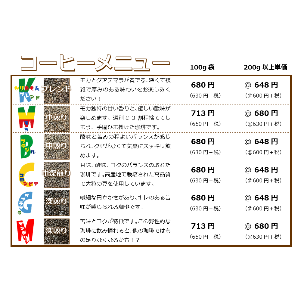 コーヒー豆価格改定